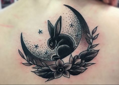 Dark bunny and moon by artist Em Backer  #tattoo #tattooartist #tattoos #tattooart #inkart #tattooideas #tattooinspiration #tattoolove #tattoobeauty Bunny On Moon Tattoo, Moon And Bunny Tattoo, Rabbit On The Moon Tattoo, Witchy Rabbit Tattoo, Gothic Bunny Tattoo, Bunny On The Moon Tattoo, Bunny Tattoos For Women, Dark Rabbit Tattoo, Goth Bunny Tattoo