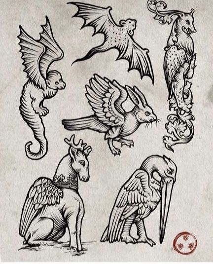 Medieval Demon Illustration, Medieval Ink Drawing, Medieval Animal Art, Medieval Animal Tattoo, Medieval Manuscript Illustration, Marginalia Tattoo, Medieval Art Tattoo, Medieval Style Tattoo, Medieval Dragon Tattoo