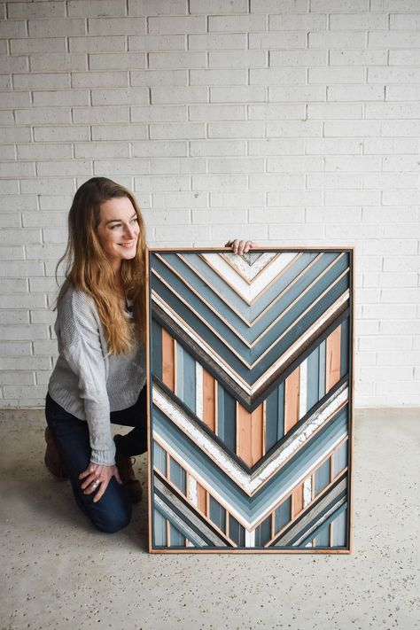 B + B custom Wood Mosaic. Wood wall art with shades of greenish blues to create a beautiful ombre effect Wood Mosaics, Mountain Wood Art, Geometric Wood Wall Art, Wooden Mosaic, Geometric Wood Wall, Rainbow Wood, Wood Wall Art Diy, Reclaimed Wood Wall Art, Wood Projects That Sell