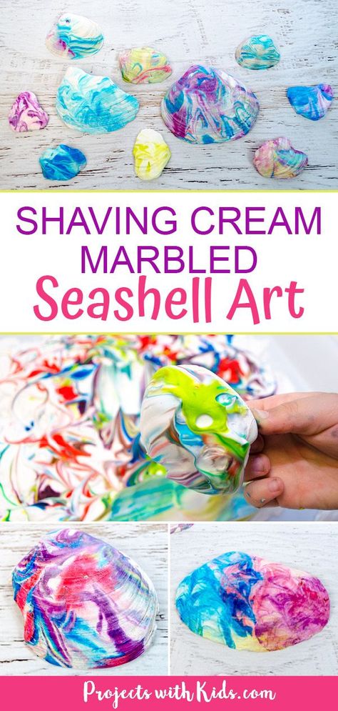 Kids will love to make this fun shaving cream marbled seashell art to decorate their beach finds this summer! A super easy summer craft for kids of all ages. #summercrafts #beachcrafts #shellcrafts #projectswithkids Beachy Crafts For Kids, Summer Crafts For School Age Kids, 20 Minute Crafts For Kids, June Activities For Seniors, Summer Crafts For Seniors, Summer Art Projects For Kids, Beach Crafts For Kids, Seashells Art, Afterschool Program