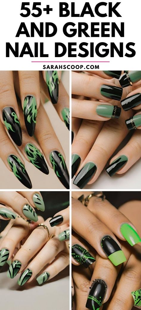 Show off your edgy side with these 55+ bold black and green nail designs, perfect for making a statement. Dare to stand out! 💚🖤 #NailArt #EdgyStyle #GreenAndBlack Green Black And White Nail Designs, Simple Nail Designs Green, Green And Black Nail Art, Green And Black Acrylic Nails, Green Witchy Nails, Dark Green And Black Nails, Green And Black Nail Designs, Black And Neon Green Nails, Black Nail Polish Designs