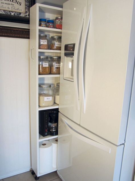 Next To Fridge Storage, Diy Pantry Cabinet, Rolling Pantry, Simple Kitchen Cabinets, Bloomington Illinois, Refrigerator Cabinet, Pantry Fridge, Fridge Shelves, Space Saving Ideas