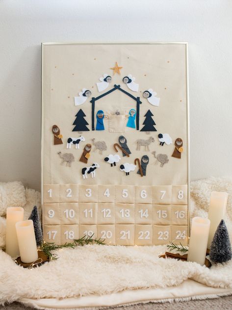 Felt Advent Calendar Nativity, Canvas Advent Calendar Diy, Make A Advent Calendar, Diy Felt Nativity Free Pattern, Diy Canvas Advent Calendar, Sewn Advent Calendar Ideas, Felt Christmas Tree Advent Calendar, Diy Hanging Advent Calendar, Sew An Advent Calendar