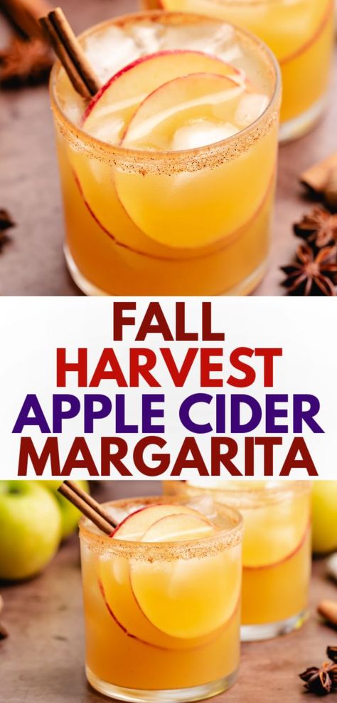 Collage of two photos of apple cider margaritas. Cider Margarita Recipe, Fall Margarita, Tequila And Lemonade, Apple Cider Margarita, Cider Margarita, Vodka Cranberry Cocktail, Apple Margarita, Cinnamon Drink, Cider Cocktail