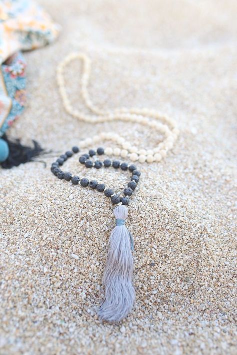 Learn how to tie a mala wooden bead necklace, and do a color block effect by adding lava beads. Finish it off with a big, bold tassel! Wooden Beads Jewelry, Washer Bracelet, Wooden Bead Necklace, Mala Jewelry, Meditation Beads, Wooden Bead Necklaces, Diffuser Jewelry, Lava Beads, Shrimp Salad