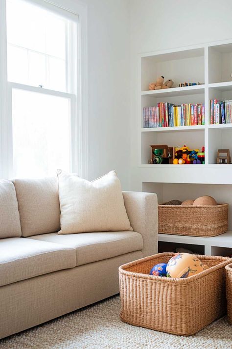 50+ Living Room Toy Storage Ideas That Keep Everyone Happy Playroom Organization Closet, Organization For Toys In Living Room, Living Room Kids Toy Storage, Toy Storage Baskets Living Rooms, Lincoln Log Toy Storage, Closed Toy Storage Ideas, Toys Box Ideas, Hidden Playroom Storage, Simple Toy Organization