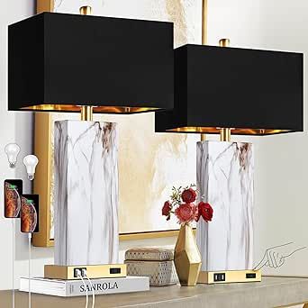 Touch Control Table Lamps Set of 2, Modern Contemporary Bedside Lamp with 2 USB Ports 1 AC Outlet, 3-Way Dimmable Nightstand Lamp Faux Marble Gold Black Rectangular Shade for Living Room Bedroom Contemporary Bedside Lamps, Black And Gold Living Room, Night Stand Light, Gold Living Room, Touch Table Lamps, Gold Bedroom, Bedside Night Stands, Nightstand Lamp, Lamp Set