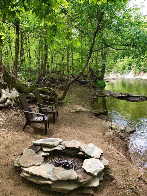 Creek Seating Area, Outdoor Creek Ideas, Creek Ideas Natural, Creek Design Landscape, Creek Decorating Ideas, Creek Side Landscaping, Backyard With Creek, Creek House Ideas, Fire Pit By Creek