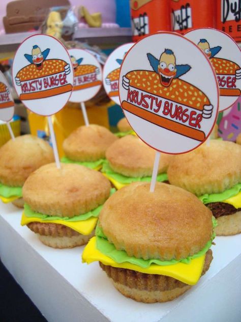 Krusty burgers at a Simpsons birthday party! See more party ideas at CatchMyParty.com! Simpsons Birthday Party, The Simpsons Birthday, Bolo Simpsons, Simpsons Birthday, The Simpsons Theme, Simpsons Cake, Simpsons Party, Burger Party, 57th Birthday