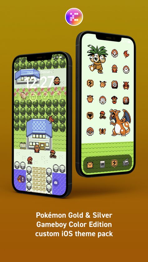 A custom iOS videogame theme design inspired by the classic catch-'em-all Pokémon Gold/Silver on the Gameboy Color, compatible with iOS 14, iOS 15 and iOS 16. This huge pack contains over 1500+ app icons (250+ app icons on two different sprites, each on three different backgrounds). It also includes over 300 ornaments - iconic items, NPCs and, of course, POKÉMON, that you can use for apps or widgets, in three different background colours to match your chosen wallpaper. Chosen Wallpaper, Pokémon Gold, Custom App Icons, Ios Theme, Gold Pokemon, Gameboy Color, Background Colours, Ios 15, Game Themes