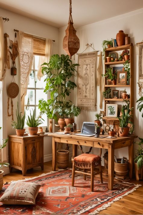 Boho Style Home Office, Bright Boho Office, Boho Craft Room Ideas, Cozy Boho Office, Cozy Art Room, Boho Desk Space, Bohemian Home Office Ideas, Cabin Office Ideas, 70s Home Office