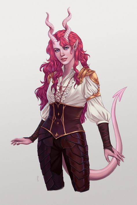 Rachel Denton Art, Tiefling Hairstyles, Tiefling Barbarian, Rachel Denton, Tiefling Female, Tiefling Bard, D D Character Ideas, Dungeons And Dragons Characters, Cosplay Tips