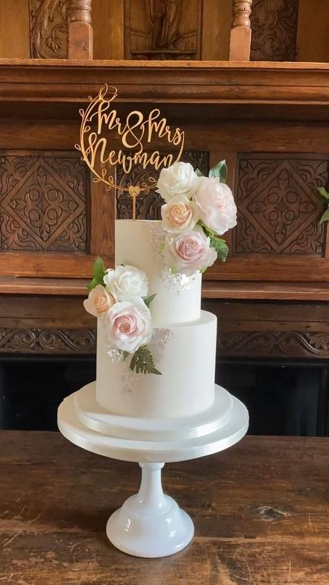 White Cakes Design, 2tier Wedding Cake Design, Wedding Cakes With Toppers, 2 Tiers Wedding Cake, White And Peach Wedding Cake, 2 Tier Wedding Cake Simple, Simple Fondant Wedding Cake, Wedding Cake Designs 2 Tier, 2tier Wedding Cake