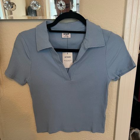 Never Worn, Brand New Cheap Collared Cotton Cropped Shirt, Blue Collared Shirt, Blue Collared Cotton Cropped Shirt, Blue Cropped Cotton Shirt, Trendy Blue Button-up Cropped Shirt, Blue Cotton Cropped T-shirt With Short Sleeves, Crop Top Shirts, Contrast Collar, Shirt Collar