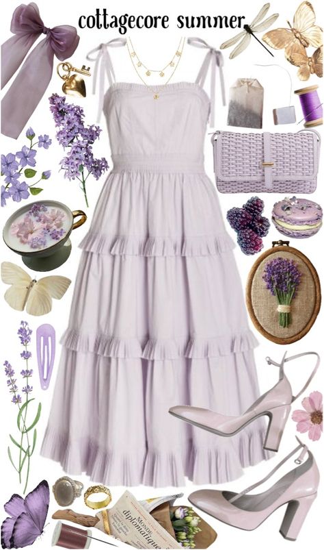 #cottagecore #purple. Discover outfit ideas for everyday made with the shoplook outfit maker. How to wear ideas for !! and BUTTERFLY Purple Cottagecore Outfit, Lavender Aesthetic Vintage, Soft Cottagecore Outfits, Purple Shoes Heels, Forest Outfits, Cottagecore Aesthetic Outfits, Purple Cottagecore, Soft Cottagecore, Cottagecore Outfit