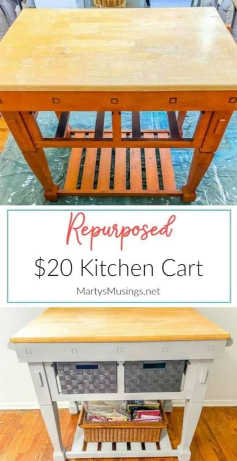 A repurposed rolling kitchen cart is transformed for use in a home studio. Chalk paint provides the color and Danish oil updates the butcher block surface. #martysmusings #kitchencart #DIYkitchencart #rollingkitchencart #videostudio #homestudio Outdoor Bar Cart Ideas, Sewing Cabinet Repurposed, Sewing Machine Cabinet Repurposed, Repurposed Changing Table, Repurposed Kitchen Island, Kitchen Cart Makeover, Changing Table Ideas, Old Furniture Repurposed, Ikea Kitchen Cart