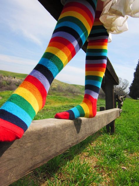 Awesome Socks, Rainbow Socks, Coat Of Many Colors, Striped Tights, Rainbow Connection, Sock Boots, Taste The Rainbow, Crazy Socks, Knitted Slippers