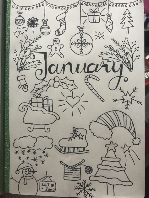 January Calendar Doodles, January Aesthetic Drawing, January Whiteboard Ideas, January Drawings, January Calendar Ideas, January Doodles, Month Doodles, Pic Candle Doodle, Candle Doodle