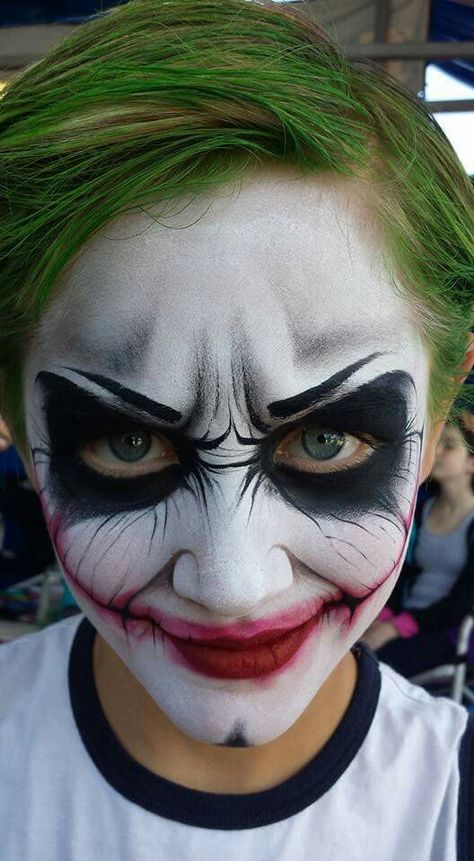 Mark Reid joker Face Painting Design                                                                                                                                                                                 More Joker Face Paint Kids, Face Painting Designs Halloween, The Joker Face Paint, Diy Joker Costume, Pumpkin Makeup Ideas, Joker Face Paint, Face Painting Halloween Kids, Joker Halloween Makeup, Halloween Face Painting