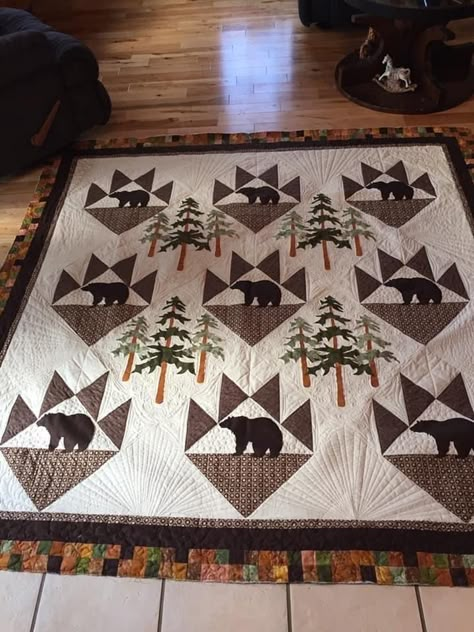 Pen And Paper Quilts, Camp Quilt, Bear Quilt Pattern, Hunting Quilt, Bear Paw Quilt Pattern, Bear Claw Quilt Pattern, Forest Animals Quilt Patterns, Elk Quilt Pattern, Bear Mountain Cabin Quilt Pattern