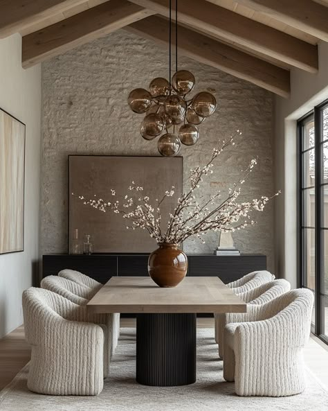 Instagram Boucle Dining Room, 2025 Dining Room Trends, Dark Brown Dining Table Decor, Tan Dining Table, Wasabi Interior Design, Cement Dining Table, Modern Transitional Dining Room, Modern Round Dining Room Table, Modern Rustic Dining Room