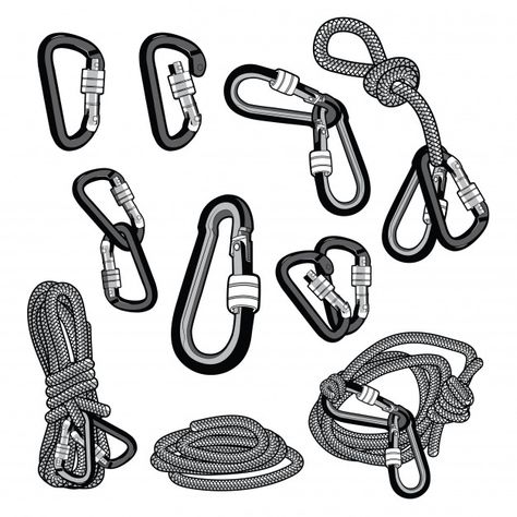 Carabiner mountain gear carabiner set | Premium Vector #Freepik #vector #icon #sport #mountain #art Rope Tattoo, Gear Tattoo, Rock Climbing Rope, Forearm Tattoo Quotes, Climbing Art, Web Tattoo, Mountain Gear, Retro Camping, Rock Climbing Gear