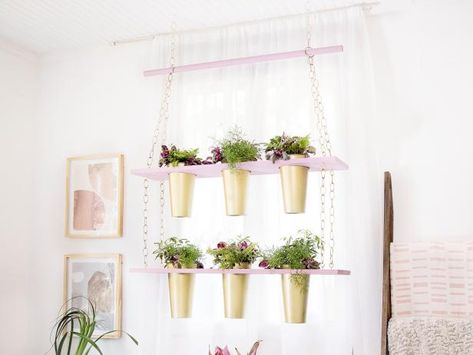 Take your #plantladygoals to new heights with a DIY vertical planter that doubles as oversized wall art. Fall Hanging Baskets, Window Planter, Diy Hanging Planter, Planter Diy, Hanging Herbs, Chandelier Chain, Dorm Diy, Dorm Room Diy, Macrame Hanging Planter