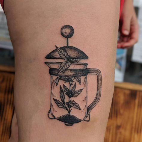 Kai Roskom on Instagram: “French press+coffee! Loved doing this piece on ya, thanks so much! . . . . . . . #floraltattoo #flashtattoo #flowertattoo #qttr #blackwork…” Portafilter Tattoo Design, French Press Tattoo, Coffee Tattoos, French Press Coffee, Outline Art, Thanks So Much, Stain Glass, Tattoo Inspo, French Press