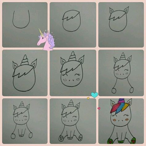 Drawing Ideas Easy Cute, Draw A Unicorn, Unicorn Drawing, Drawing Ideas Easy, Unicorn Crafts, Art Drawings For Kids, Journal Doodles, A Unicorn, Kawaii Drawings