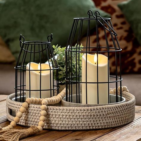 Rustic Lanterns Home Decor, Farmhouse Mantle Decorating Ideas, Black Lantern Decor, Lantern Decor Diy, Farmhouse Lantern Decor, Remote Control Candles, Farmhouse Mantle Decor, Real Candles, Farmhouse Mantle