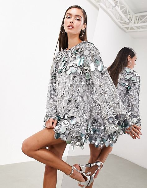 Retro Stage Outfits, Disco Dress Up, Disco Embellished Sequin Fabric For Night Out, Disco Embellished Mini Sequin Dress, Silver Sequined Disco Mini Dress, Fitted Disco Sequin Fabric Embellished, Festive Silver Sequined Mini Dress, Asos Sequin Dress, Nye 2024