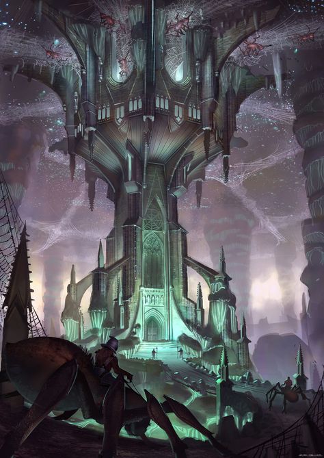 Entertainment Designs by Sebastian Stark Dark Underground City Fantasy Art, Underdark Landscape, Underground Temple, Elf City, Fantasy Town, Underground Cities, Temple Art, Entertainment Design, Fantasy City