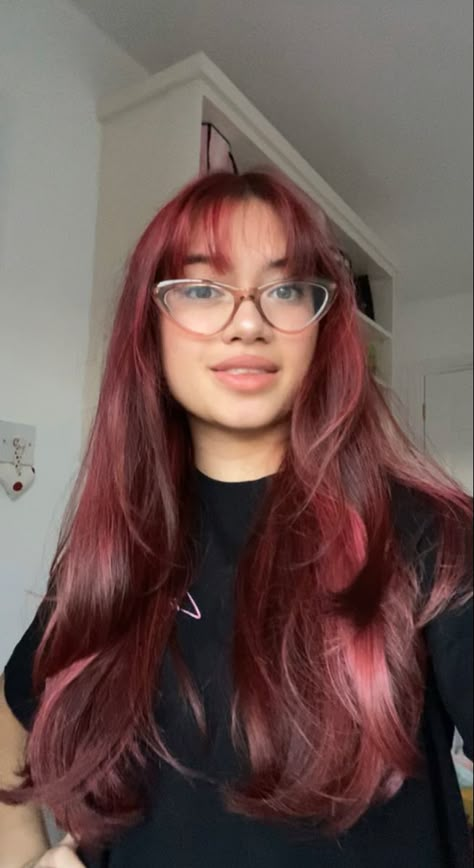 Cherry Red Hair With Long Layers, Long Burgundy Hair With Bangs, Dark Red Hair With Wispy Bangs, Long Dark Red Hair With Bangs, Wine Red Hair With Highlights, Maroon Hair With Bangs, Wine Red Hair With Bangs, Burgundy Hair Bangs, Red Hair With Wispy Bangs