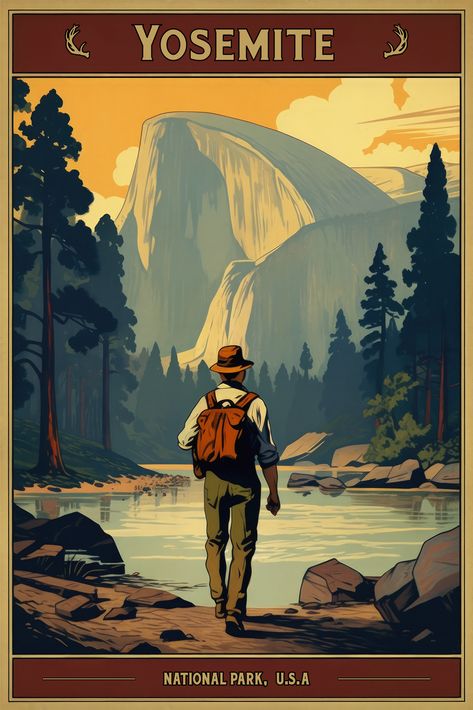 Step into the timeless charm of America's natural heritage with this Vintage Yosemite Travel Poster. This classic piece of artistry depicts a solitary hiker amidst Yosemite's signature landscape of towering cliffs, lush greenery, and expansive skies. Offered in several large sizes and tailored to your framing choices, this Yosemite Art Print is perfect for any space longing for a touch of adventure and natural allure. National Park Travel Poster, Vintage Park Posters, Vintage Explorer Aesthetic, Nature Poster Design, Yosemite Painting, Usa Images, Land Conservation, Vintage National Park Posters, Graphic Landscape