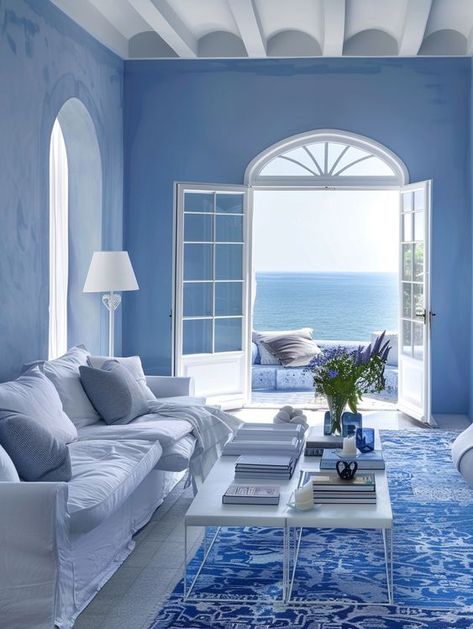 Shades Of Blue Interior Design, Modern Blue Living Room, Blue Living Room Ideas, Pastel Interior Design, Blue And White Living Room, Colours That Go Together, Blue Interior Design, Apt Decor, Aesthetic Living Room