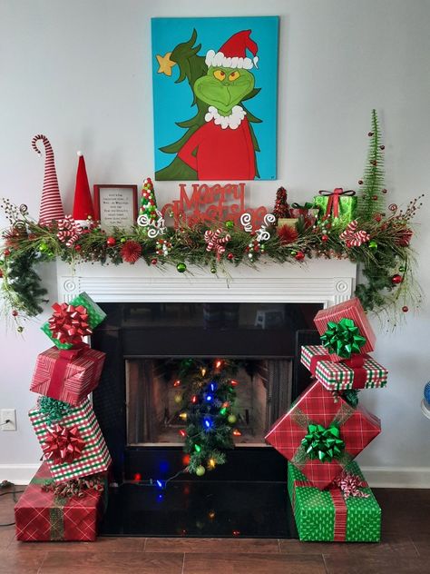 Grinch Theme Christmas Decor Outside, Grinch Party Centerpieces Diy, Grinch Fireplace Garland, Christmas Grinch Party Decorations, Grinch Fireplace Mantle, Grinch Theme House Decorations, The Grinch Theme Christmas Decor, Grinch Christmas Decorations Fireplace, Grinch Decorations House