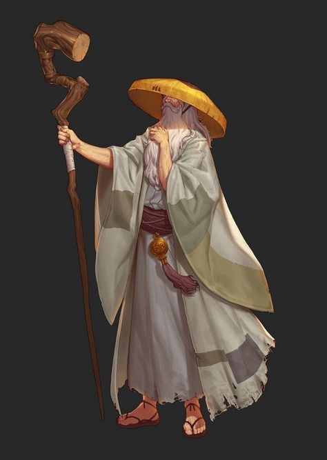 Mage Staff Design, Elder Character Design, Asian Character Art, Magic Robes, Asian Character Design, Mage Robes, Magic User, Wizard Robes, Old Monk