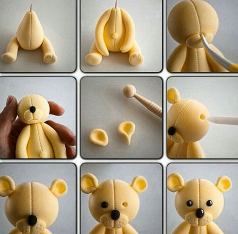 DECORACION FONDANT.❤️ Fondant Bear, Kue Fondant, Diy Fondant, Idee Babyshower, Teddy Bear Cakes, Fondant Animals, Cake Topper Tutorial, Fondant Cake Toppers, Fondant Tutorial