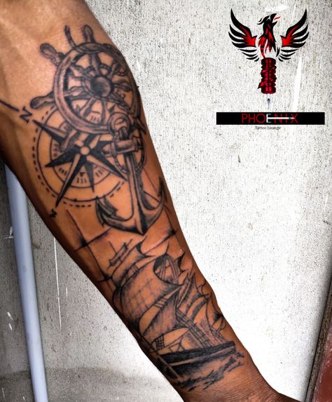 Nautical Calf Tattoo Men, Anchor Ship Tattoo, Captain Tattoo Ideas, Fisherman Tattoo Design, Schooner Tattoo, Anchor Tattoo Design For Men, Fisherman Tattoo Ideas, Seaman Tattoo Design, Coast Guard Tattoo