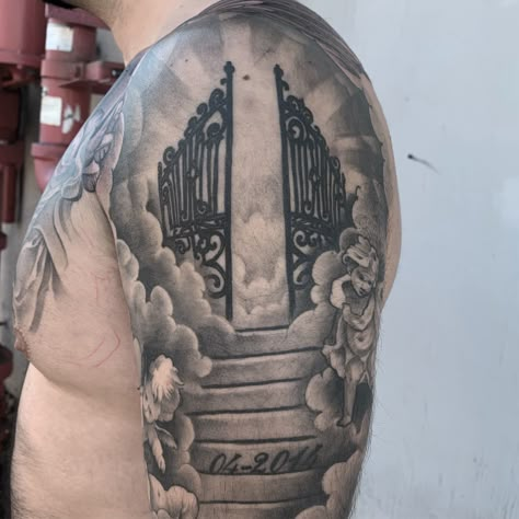 Gates of heaven tattoo Heavenly Gates Tattoo, Pearly Gates Tattoo, Gates Of Heaven Tattoo Design, Gates Of Heaven Tattoo Forearm, Heaven Gate Tattoo, Heavens Gate Tattoo, Haven Gate Tattoo, Walking To Heaven Tattoo, Heaven Gates Sleeve Tattoo