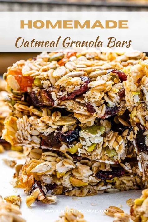 These homemade oatmeal granola bars are so chewy, delicious, and easy to make. Loaded with nuts, dried fruits, and are ready in just 30 minutes. #granolabars #homemadegranolabars #oatmealbars #breakfastbars via @healthyfitnessmeals Easy Granola Recipe Bars, Home Made Granola Bars Healthy, Healthy Homemade Granola Bars, Oatmeal Raisin Granola Bars Homemade, Homemade Granola Bars Healthy Easy Breakfast Recipes, Fruit And Nut Granola Bars, Diy Granola Bars, Fruit Granola Bars, Oatmeal Raisin Bars