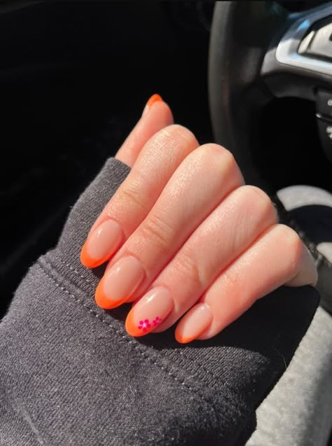 50 Stunning Spring Nails French Tip You'll Want to Copy Immediately. Orange french tip with flowers Pretty Spring Nails French Tip Ideas #springnailsideas2023 #springnailsideasacrylic #springnailsideasshort #springnailsideassimple #springnailsideasalmond #springnailsideascoffin #springnailsideassquare Pink And Orange Acrylic Nails Coffin, French Nails With Orange Tips, Pink Nails With Orange Design, Summer French Tip Nails Orange, Cute Spring Nails French Tip, Almond Nails Designs Summer Orange, Short Acrylic Nails Orange Pink, Spring Nails 2023 Gel Orange, Cute Short Acrylic Nails Orange