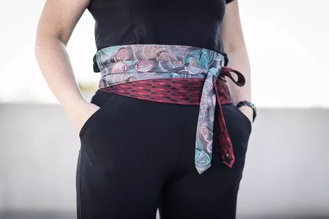 Make an Obi Belt From Neck Ties | Upstyle Necktie Projects, Tie Belts, Obi Style, Obi Belts, Necktie Crafts, Refashioned Clothing, Diy Belt, Old Ties, Gilet Crochet