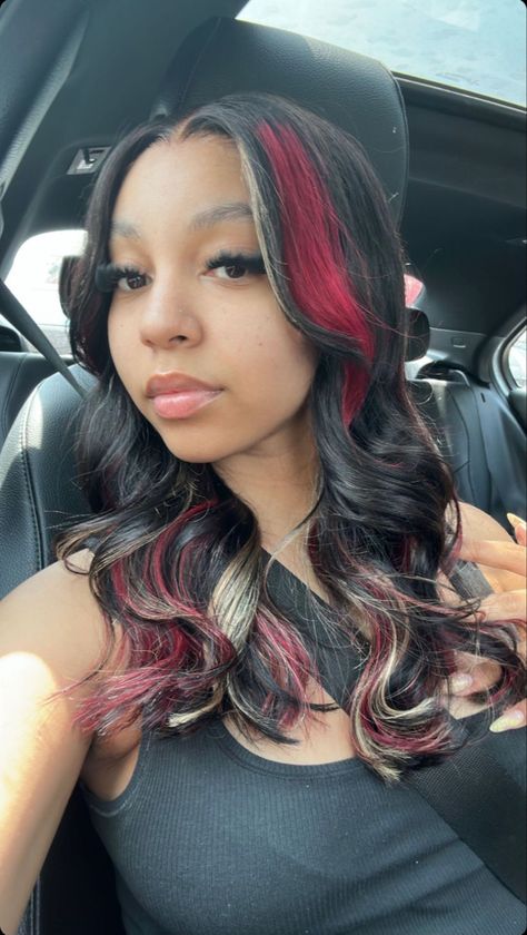 Quickweave With Highlights, Multi Color Highlights, Red Highlights On Black Hair, Red And Blonde Highlights, Loose Wave Wig, Red And Blonde, Birthday Hairstyles, Color Highlights, Quick Weave Hairstyles