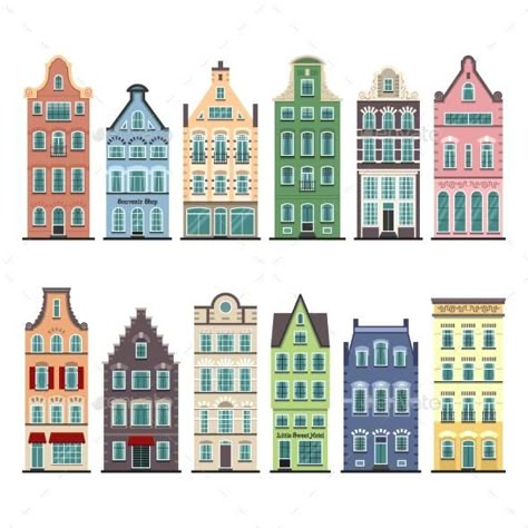 Set of 12 Amsterdam Old Houses Cartoon Facades for $8 - GraphicRiver #BestDesignResources Amsterdam Houses, House Cartoon, Dutch House, Building Illustration, Posca Art, This Old House, House Illustration, House Drawing, Traditional Architecture