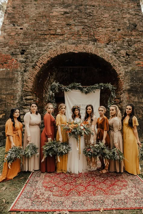 Wedding Wallpaper, Wedding Extras, Orange Bridesmaid, Fall Bridesmaids, Orange Bridesmaid Dresses, Fall Bridesmaid Dresses, Yellow Bridesmaid Dresses, Mismatched Bridesmaids, Yellow Bridesmaids