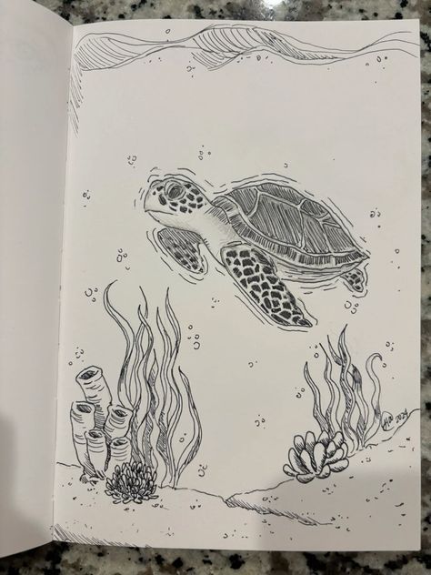 Turtle In Ocean Drawing, Ocean Related Drawings, Drawing Sea Turtles, Things To Draw Ocean, Marine Drawing Ocean, Sea Turtles Drawing, Sea Art Drawing, Drawing Ideas Turtle, Pretty Things To Draw