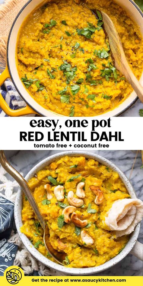 Delicious, filling and nutritious - this Red Lentil Dahl packs in a hearty helping of comfort and satisfaction in just one pot in around 30 minutes! It's the type of dish you can enjoy as a side or a main meal depending on how hungry you are. This lentil dahl recipe keeps it sweet and simple with the ingredients (no coconut milk or tomato here) without compromising on flavor! | Gluten Free + Vegan Healthy Lentil Curry, Coconut Dahl Recipe, Coconut Dahl, Simple Red Lentil Recipe, Vegan Tarka Dahl, Red Lentil Chickpea Curry, Red Lentil Dal Recipe, Lentil Dahl Recipe, Red Lentil Dahl