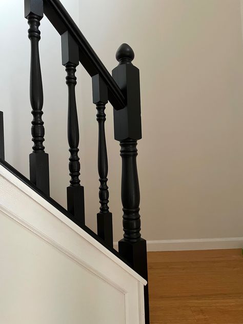 Updated our 90s golden oak railing with paint! Black Wooden Railing Stairs, Black Painted Railing, Painting Wooden Stair Railings, Tricorn Black Stair Railing, Stair Railing Makeover Paint, Black Painted Railing Stairways, Painting Stair Spindles Black, Painted Banisters Railings, Paint Stair Railing Black