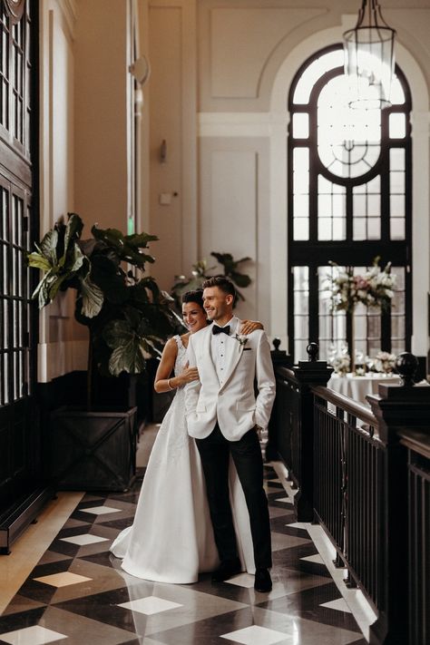 Mens Black And White Wedding Suit, Bride And Groom White Tuxedo, Black Tie Groom Attire, Man Tuxedo Wedding, Black Tie Wedding Bride And Groom, Black Tie Groom Tuxedos, Classic Wedding Tuxedo Groom Attire, Groom Suit Tuxedo, Husband Tux Wedding